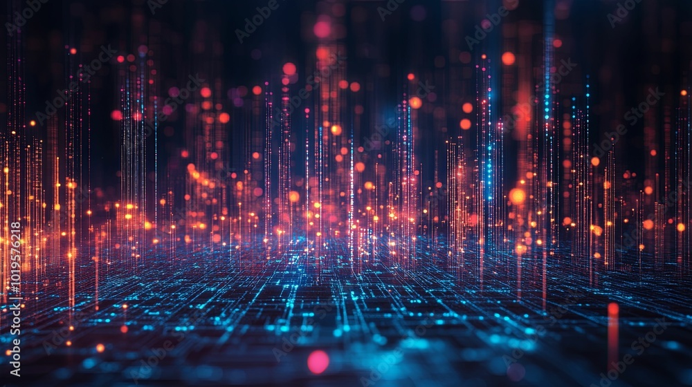 Naklejka premium Abstract digital city with glowing lines and particles