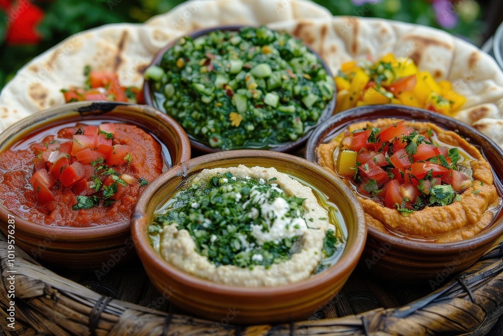 A variety of dips and sauces are served in small bowls on a platter A variety of dips and sauces are served in small bowls on a platter