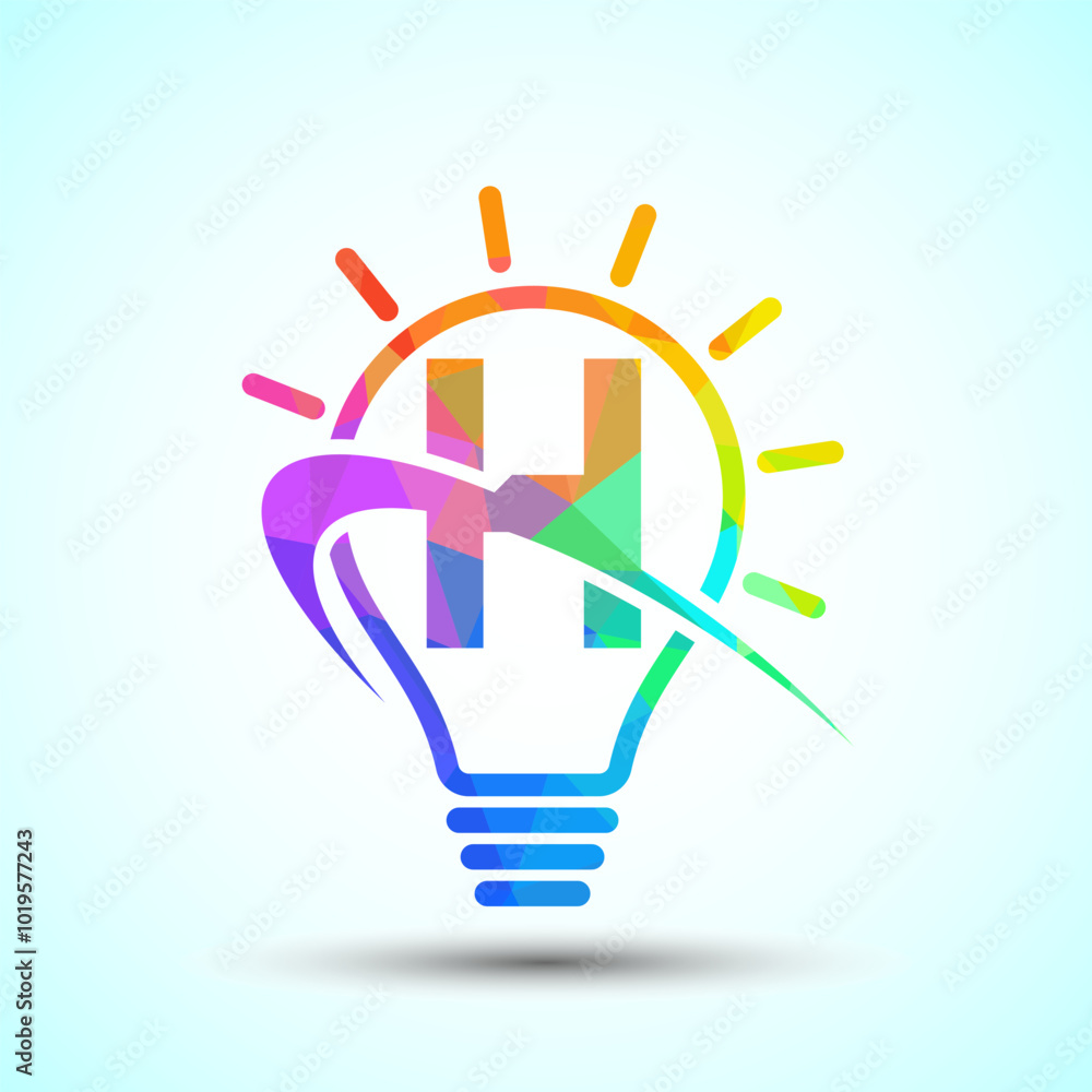English alphabet H with light bulb and swoosh. Electric bulb logo template. Low poly electricity logo English alphabet H with light bulb and swoosh. Electric bulb logo template. Low poly electricity logo