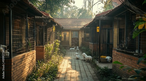 Dogs in a Row of Brick Kennel Cages photo