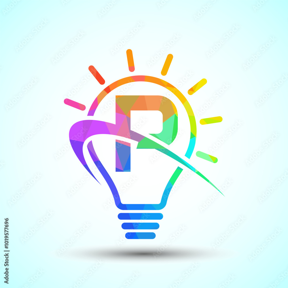 Fototapeta premium English alphabet P with light bulb and swoosh. Electric bulb logo template. Low poly electricity logo