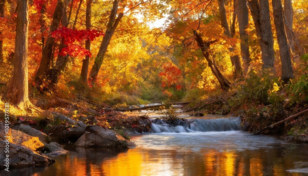 Autumn Forest Ablaze With Vibrant Red, Orange, and Yellow Leaves, as a Gentle Brook Winds Through the Trees, Reflecting the Fall Colors in the Crystal Clear Water Below Autumn Forest Ablaze With Vibrant Red, Orange, and Yellow Leaves, as a Gentle Brook Winds Through the Trees, Reflecting the Fall Colors in the Crystal Clear Water Below