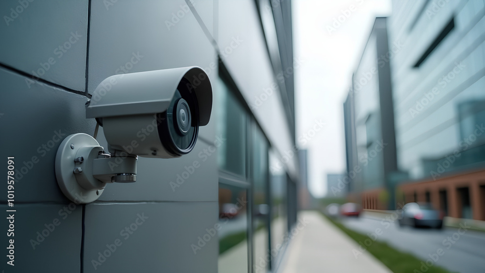 close-up of a security camera on the wall of a modern business bulding on the street close-up of a security camera on the wall of a modern business bulding on the street