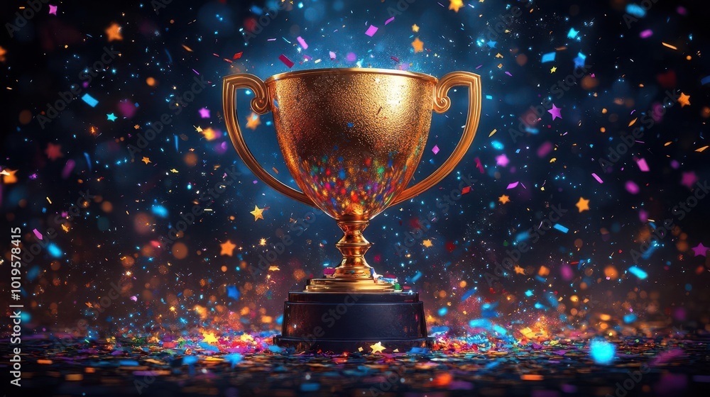 3d illustration of a golden trophy cup surrounded by shimmering stars and colorful confetti embodying celebration and achievement in a vibrant cartoonish style 3d illustration of a golden trophy cup surrounded by shimmering stars and colorful confetti embodying celebration and achievement in a vibrant cartoonish style