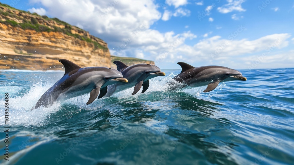 Obraz premium Playful Dolphins Leaping in Clear Blue Water