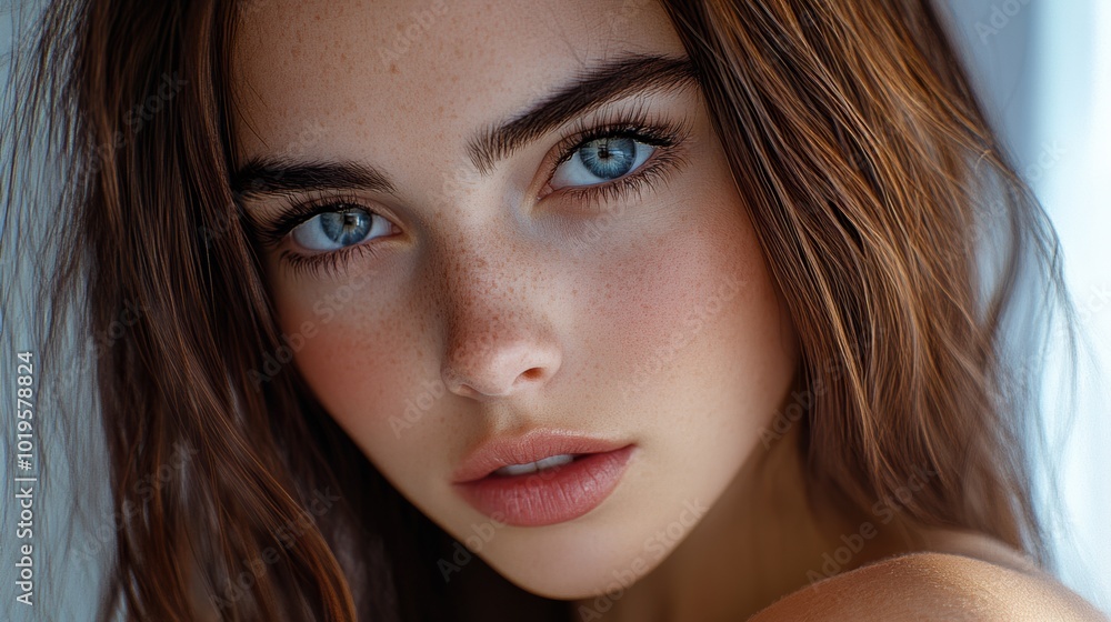 Close-up of a Beautiful Young Woman with Freckles Close-up of a Beautiful Young Woman with Freckles