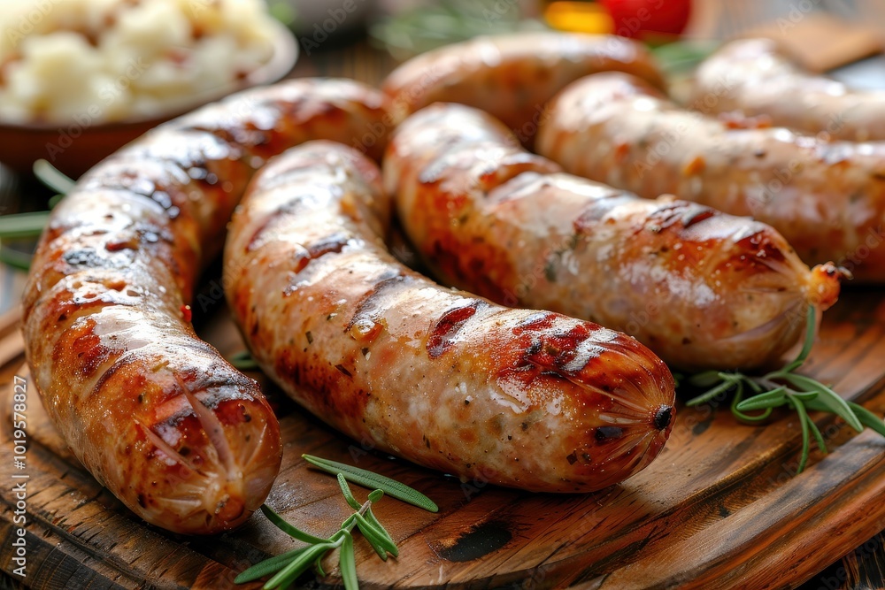 A plate of sausages with a side of mashed potatoes A plate of sausages with a side of mashed potatoes