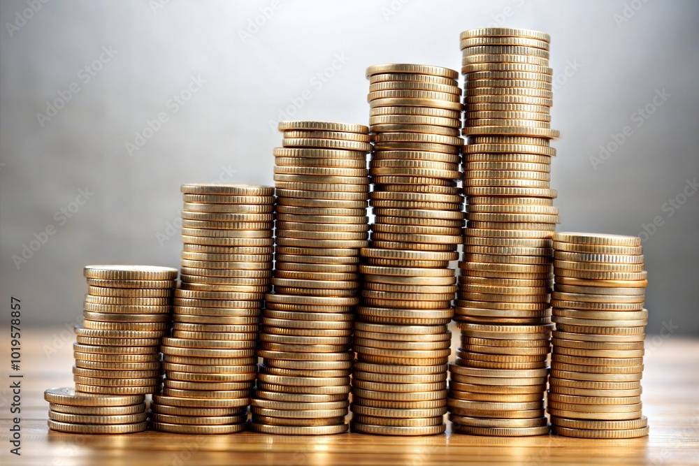 Stacks of golden coins in ascending order symbolizing growth during business recession Stacks of golden coins in ascending order symbolizing growth during business recession