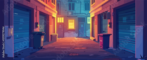 Dark Urban Alleyway with Trash Cans and Garage Doors 
