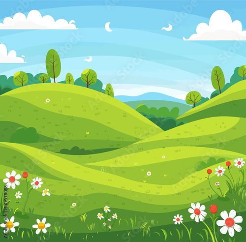 Cartoon Green Hills and Daisies 
