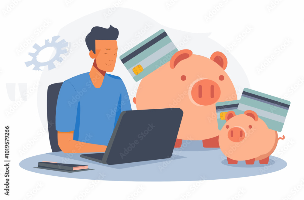 Man Using Laptop with Piggy Banks and Credit Cards
Man Using Laptop with Piggy Banks and Credit Cards