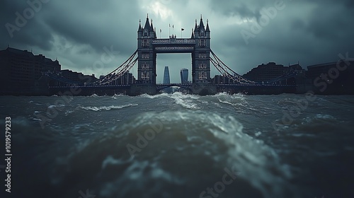 Generative AI Image of Majestic Tower Bridge in London River Lake Pond at Cloudy Overcast Day