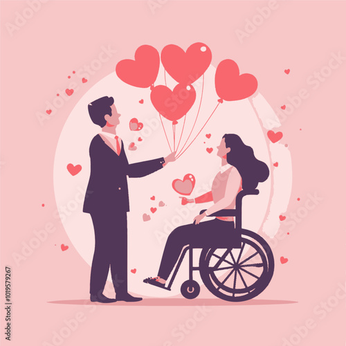 Man Giving Heart Balloons to Woman in Wheelchair  

