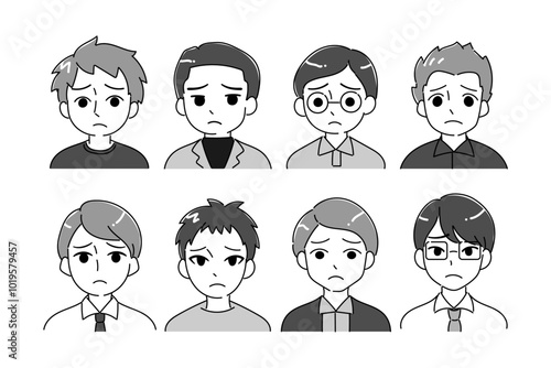父親のアイコンイラストセット　バストアップ　悲しい