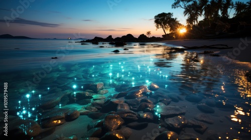 Sunset Over Calm Ocean with Bioluminescent Plankton