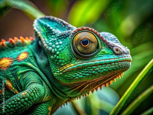 vibrant green chameleon with intricate textures and striking colors, showcasing its unique features in natural setting. image captures essence of this fascinating reptile