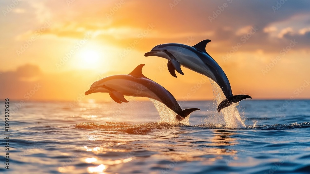 Fototapeta premium Dolphins Leaping Against a Sunset Background