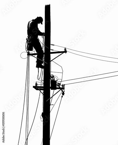 Silhouette of Electrician on Pole  
