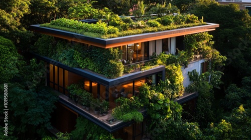 Modern home with a green roof and lush vegetation.