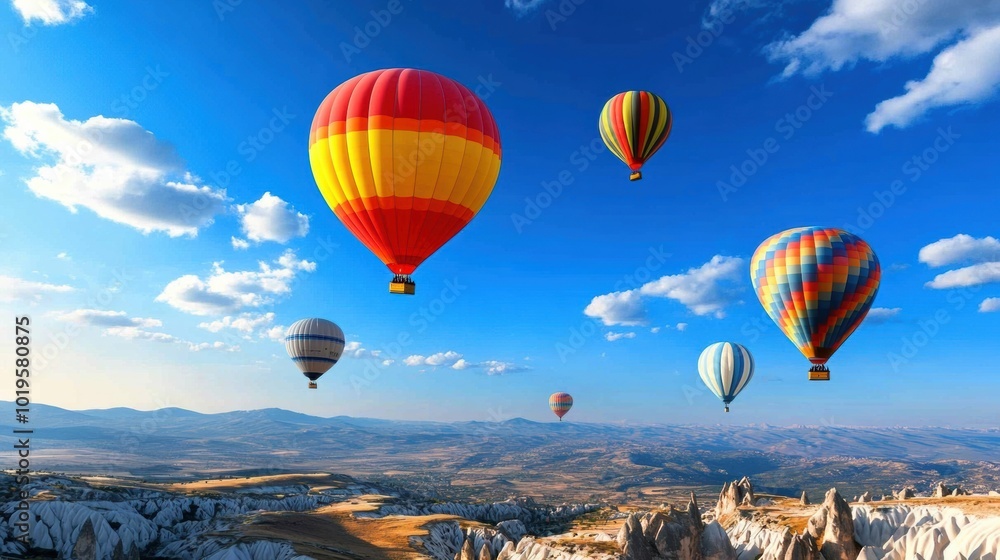 Obraz premium Colorful Hot Air Balloons Over Scenic Landscape