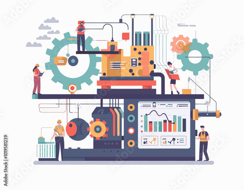 People working on industrial machine with data analytics