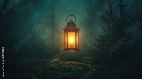 Lonely lantern glowing at night, light piercing darkness, foggy backdrop with distant trees, moody reflective scene.