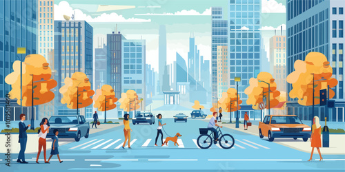 City Street with Pedestrians and Vehicles 
