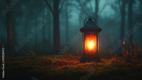 Glowing lantern at night, flickering light amidst darkness, fog and distant trees, moody, reflective scene.