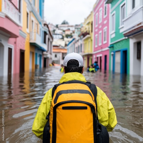 A person in a yellow raincoat walks through a flooded street lined with colorful buildings.