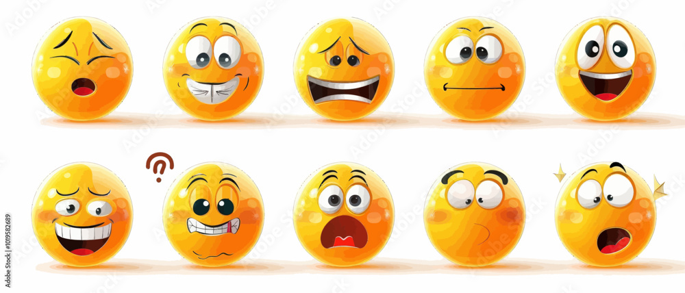 Fototapeta premium Yellow Emojis With Different Facial Expressions 