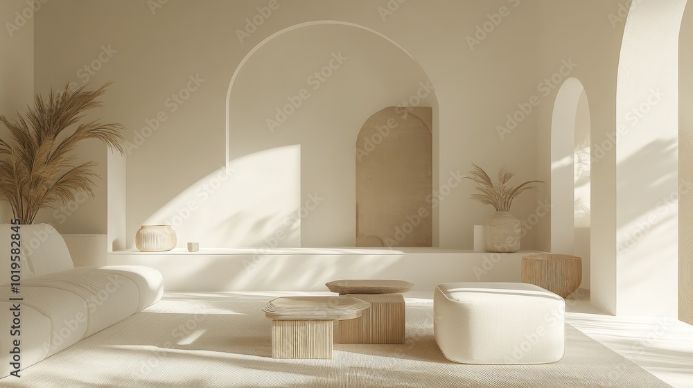 A minimalist living room with a white couch, wooden coffee tables, and arched doorways. Sunlight streams through the windows, casting shadows on the floor. A minimalist living room with a white couch, wooden coffee tables, and arched doorways. Sunlight streams through the windows, casting shadows on the floor.