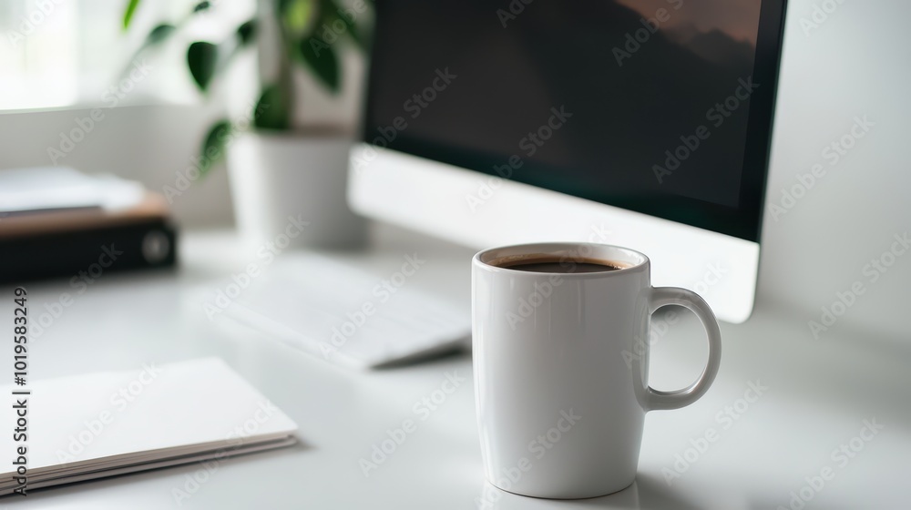 Minimalist, clean desk setup with a computer monitor, coffee mug, and a notebook. Minimalist, clean desk setup with a computer monitor, coffee mug, and a notebook.