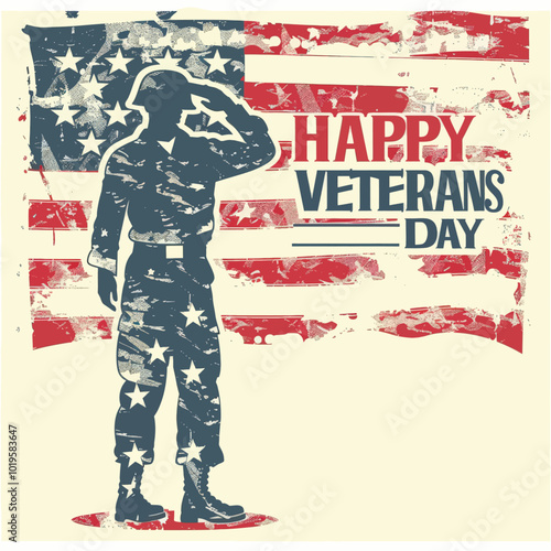 Saluting Soldier on Distressed American Flag for Veterans Day 

