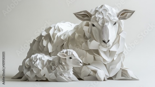 A mother sheep and her lamb, both made of folded paper, are arranged in a seated pose on a white background.