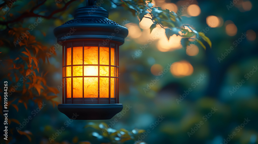 Illuminated Lantern Hanging from Tree Branch - 3D Illustration Illuminated Lantern Hanging from Tree Branch - 3D Illustration