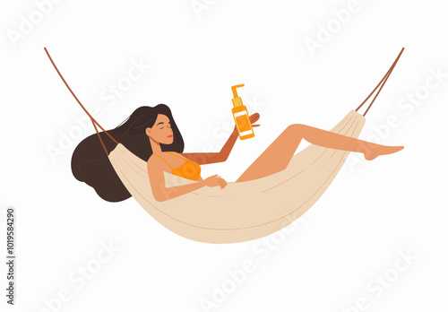 Woman Relaxing in Hammock with Sunscreen 
