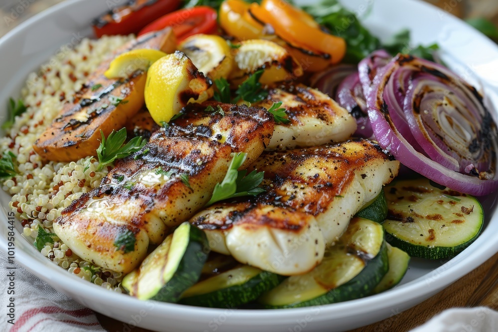 A plate of grilled fish and vegetables with onions and peppers A plate of grilled fish and vegetables with onions and peppers