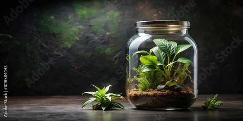 Plants in a glass jar on a dark background, plants, glass jar, dark background, greenery, botanical