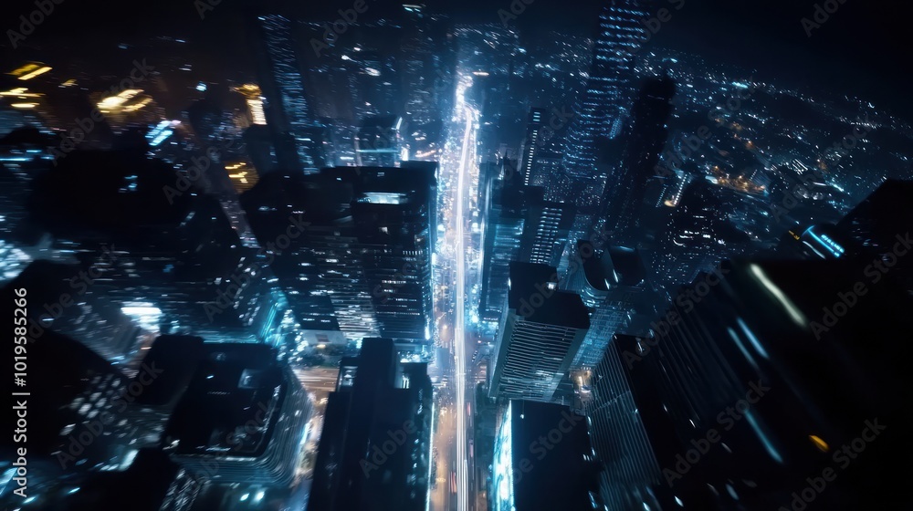 The blurred city lights above create a stunning aesthetic atmosphere at night with tall buildings. Cinematic background, view of the city's glittering life, city skyline The blurred city lights above create a stunning aesthetic atmosphere at night with tall buildings. Cinematic background, view of the city's glittering life, city skyline