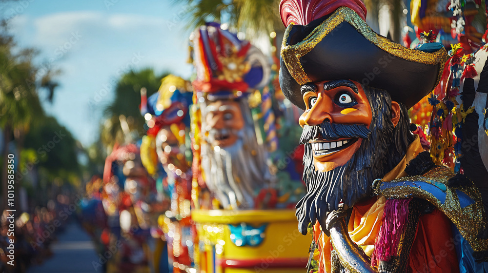 Naklejka premium colorful carnival parade with pirate mask and decorated floats Gasparilla Pirate Festival