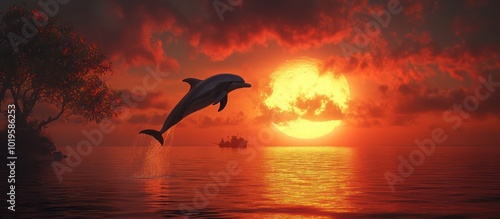A dolphin leaps out of the water towards the sunset over the ocean.