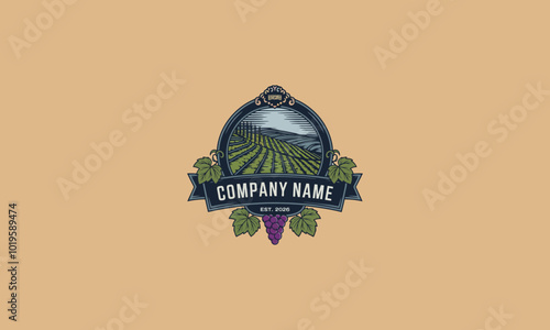 Vintage vineyard logo with grapes and field illustration
