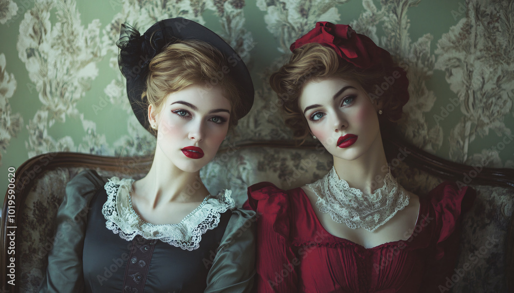 Obraz premium Portraits of individuals dressed in vintage clothing from different eras, staged in modern-day environments