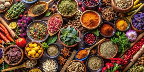 Colorful array of culinary spices, herbs, nuts, seeds, dried fruits, and herbal flowers for cooking and seasoning, spices