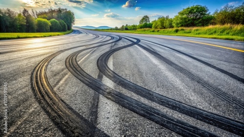 Vehicle tire marks left on a windy road , skid marks, black tire tracks, rubber trails, road surface, transportation