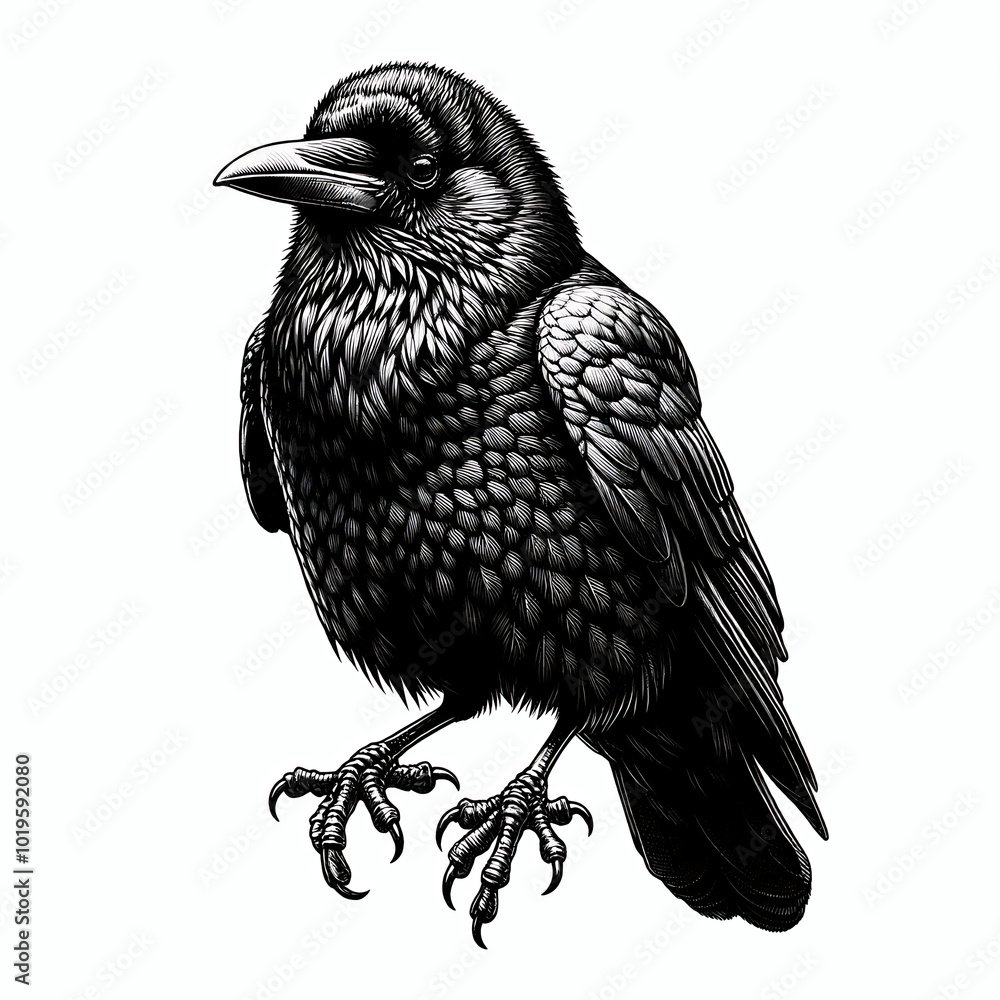 Fototapeta premium Detailed black crow illustration on White Background in vintage gothic style design element