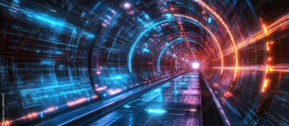 A glowing futuristic tunnel with blue and orange lights, leading to a bright light at the end. A glowing futuristic tunnel with blue and orange lights, leading to a bright light at the end.