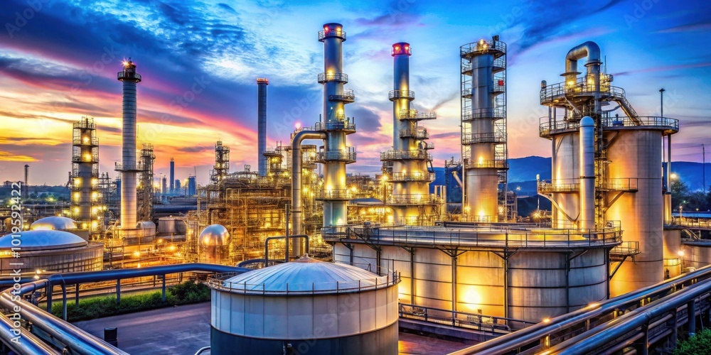 Oil and gas refinery complex with pipelines and storage tanks , refinery, petrochemical, industry, plant, production Oil and gas refinery complex with pipelines and storage tanks , refinery, petrochemical, industry, plant, production