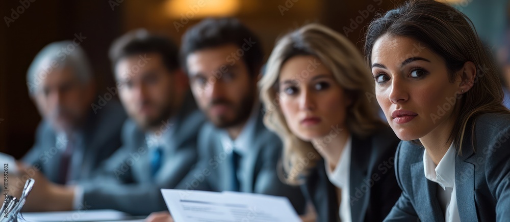Obraz premium A group of professional business people sit at a table, looking forward with focus.