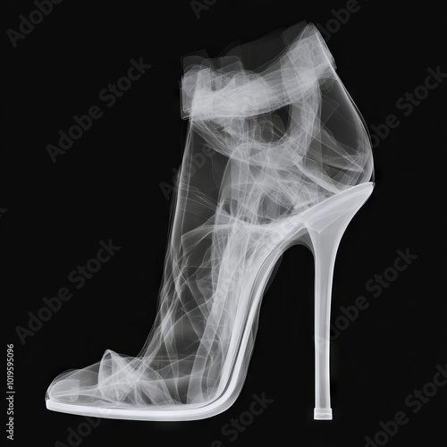 X-ray image of a high-heeled shoe showcasing its structure and design.